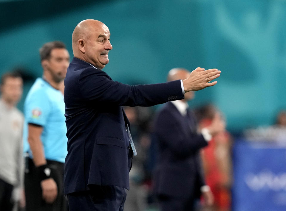 Russia's manager Stanislav Cherchesov gestures during the Euro 2020 soccer championship group B match between Russia and Belgium at the Saint Petersburg stadium in St. Petersburg, Russia, Saturday, June 12, 2021. (AP Photo/Dmitry Lovetsky, Pool)