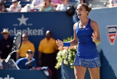 Aug 29, 2014; New York, NY, USA; Sara Errani (ITA) celebrates after defeating Venus Williams (USA) on day five of the 2014 U.S. Open tennis tournament at USTA Billie Jean King National Tennis Center. Mandatory Credit: Robert Deutsch-USA TODAY Sports