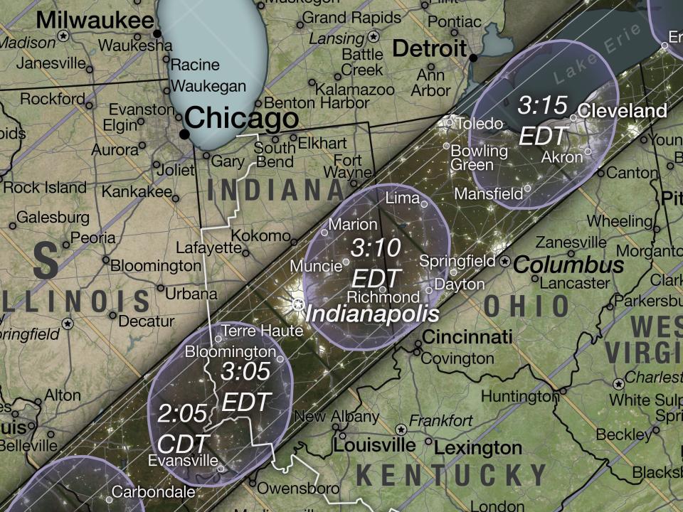 zoomed shot of nasa map shows eclipse shadow running through southern Illinois, central Indiana, and northern Ohio in October 2023