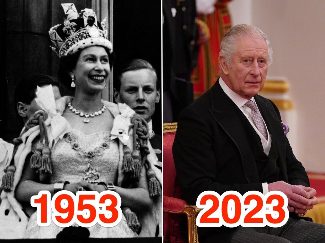 Queen Elizabeth II in 1953 (L) and King Charles III in 2023 (R).