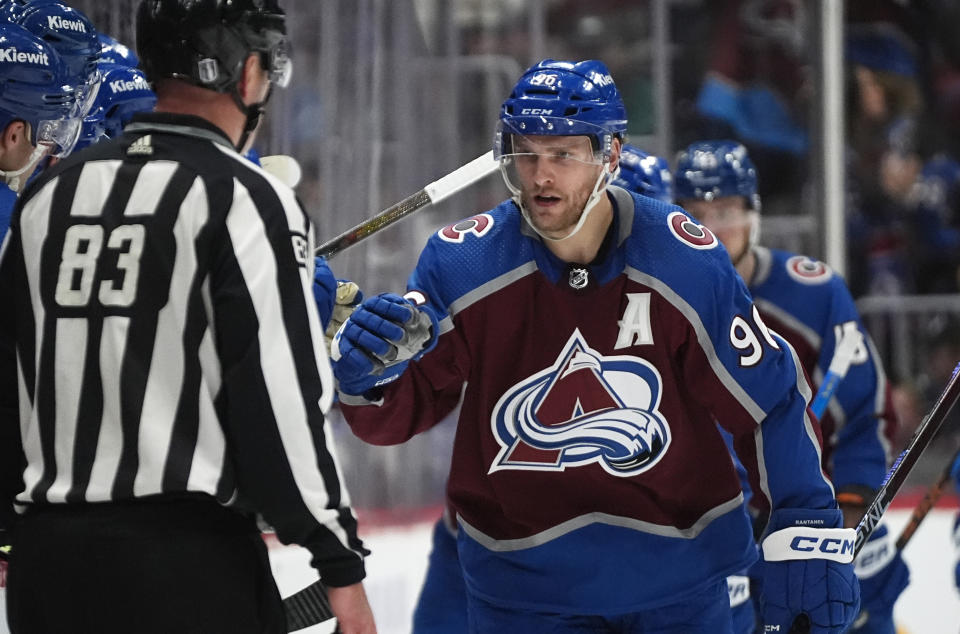 Colorado Avalanche right wing Mikko Rantanen is congratulated for his goal against the Dallas Stars during the second period of Game 3 of an NHL hockey Stanley Cup playoff series Saturday, May 11, 2024, in Denver. (AP Photo/David Zalubowski)