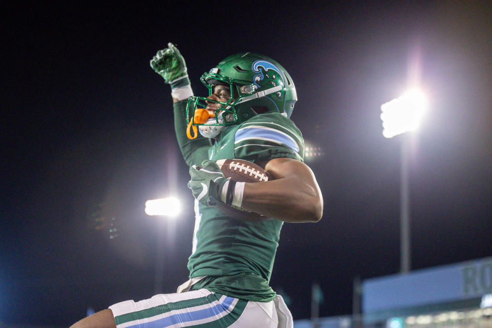 Sep 2, 2023; New Orleans, Louisiana, USA; Tulane Green Wave wide receiver Jha’Quan Jackson (4) reacts to scoring touchdown against the South Alabama Jaguars during the second half at Yulman Stadium. Mandatory Credit: Stephen Lew-USA TODAY Sports