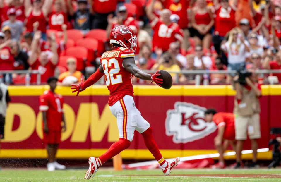 Kansas City Chiefs wide receiver Ihmir Smith-Marsette (82) celebrates a touchdown reception against the Cleveland Browns during an NFL preseason football game on Saturday, Aug. 26, 2023, in Kansas City.