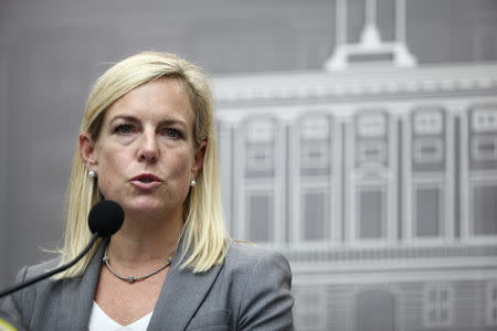 Homeland Security Secretary Kirstjen Nielsen addresses the media, after Hurricane Maria's devastation, in San Juan, Puerto Rico, December 19, 2017. REUTERS/Alvin Baez