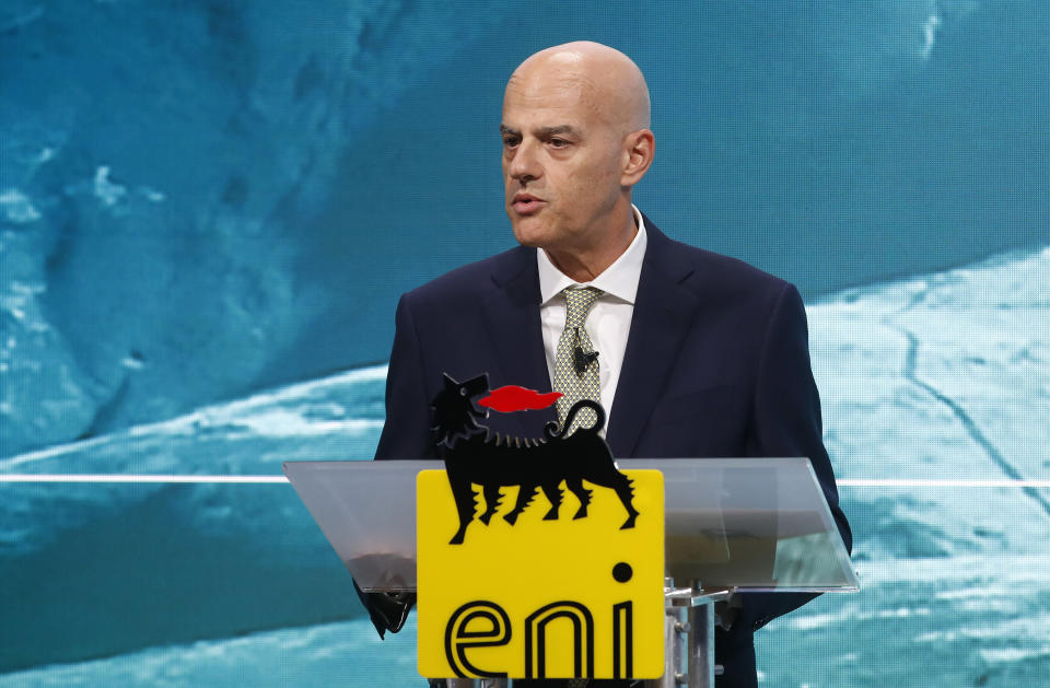 FILE - In this Friday, March 15, 2019 file photo, ENI CEO Claudio Descalzi delivers his speech during the 2019-22 ENI strategy presentation in San Donato Milanese, Milan, Italy. Oil giants Shell and Italy’s Eni were acquitted Wednesday, March 17, 2021 of corruption charges in a $1.1 billion bribery case involving control of a lucrative oil block on Nigeria. In addition the companies, Eni’s current CEO, his predecessor and a former Nigerian oil minister were among 13 defendants acquitted in the three-year-old trial, involving the 2011 purchase of the OPL245 block. (AP Photo/Antonio Calanni, File)