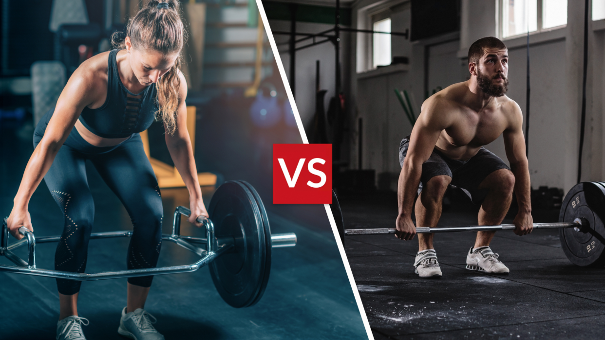  Woman doing trap bar deadlift and man doing conventional deadlift. 