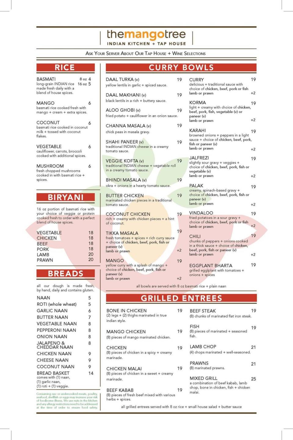 The Mango Tree menu