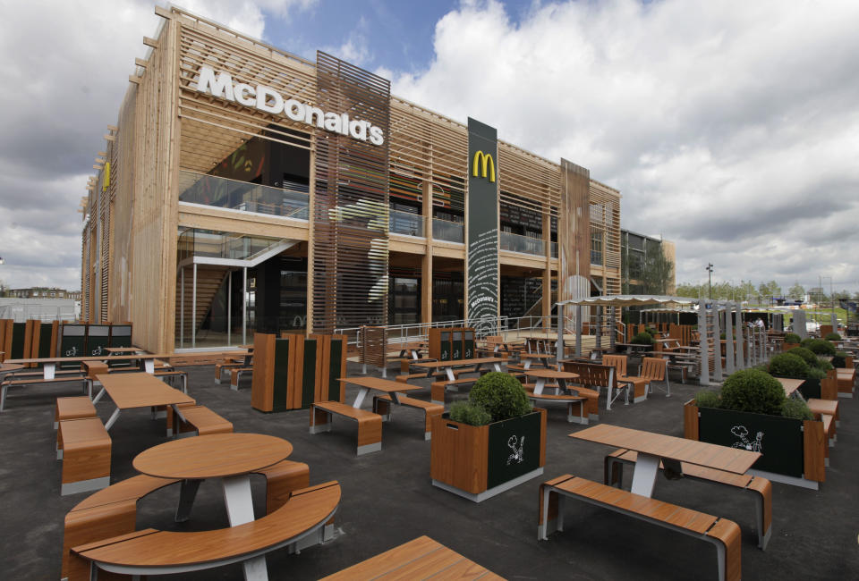 A view of the newly constructed McDonald's restaurant at the Olympic Park in east London, Monday, June 25, 2012. The restaurant is designed to be reusable and recyclable after the London 2012 Olympic and Paralympic Games. (AP Photo/Lefteris Pitarakis)