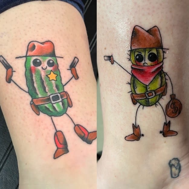 <div><p>"This is Deputy Dill (left) and Prickly Pete (right) the criminal cactus. I got the deputy while I was in Texas — my good friend and I each got pickle tattoos for our love of pickles, but I added a little bit of ✨spice✨ to mine! After a while, I figured he should have a nemesis to battle...and that’s when Prickly Pete was born."</p><p>—<a href="https://www.buzzfeed.com/tnewberg613" rel="nofollow noopener" target="_blank" data-ylk="slk:tnewberg613;elm:context_link;itc:0;sec:content-canvas" class="link ">tnewberg613</a></p></div><span><a href="https://www.buzzfeed.com/tnewberg613" rel="nofollow noopener" target="_blank" data-ylk="slk:buzzfeed.com;elm:context_link;itc:0;sec:content-canvas" class="link ">buzzfeed.com</a></span>
