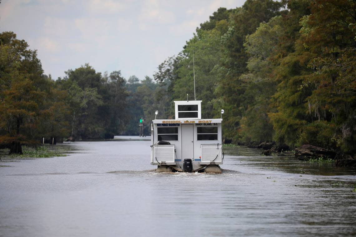 The Sandy Island school boat “New Prince Washington” ferries students to and from the Georgetown County mainland for classes. Only a few dozen residents remain on the remote historic island between the Waccamaw and Pee Dee rivers. Sept. 7, 2022.