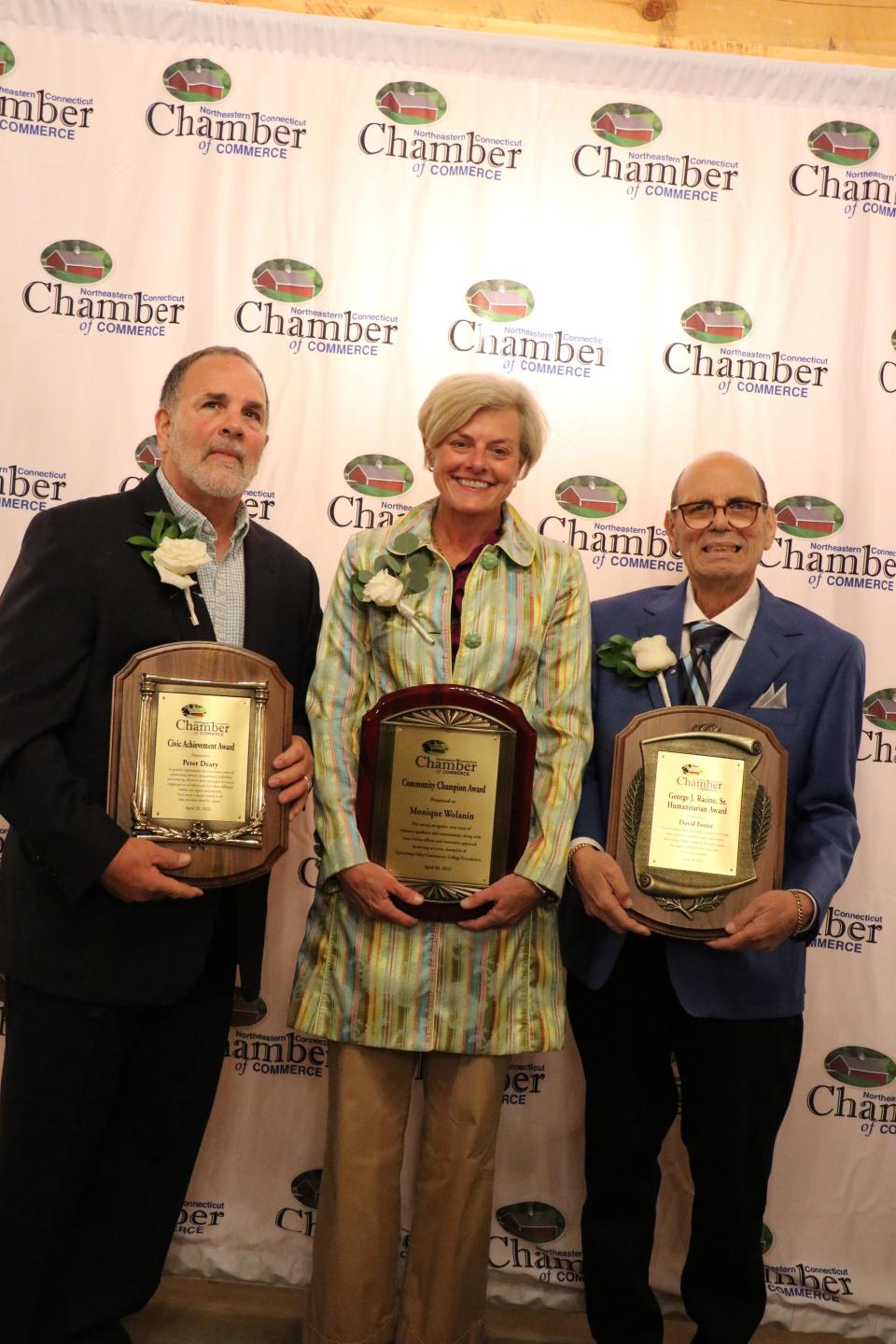 Peter Deary, Monique Wolanin and David Foster were recently recognized at the Northeastern Connecticut Chamber of Commerce's annual awards gala.