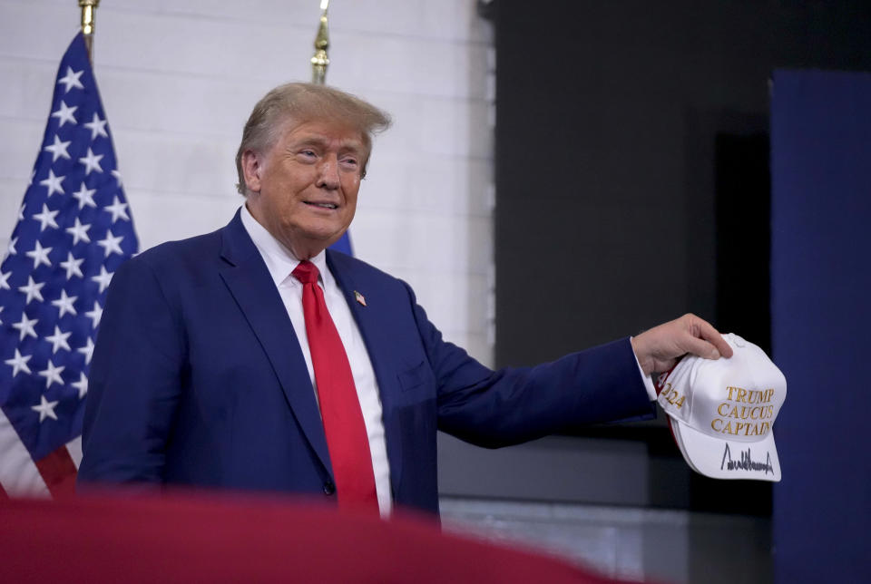 Republican presidential candidate and former President Donald Trump speaks during a rally, Saturday, Nov. 18, 2023, in Fort Dodge, Iowa. (AP Photo/Bryon Houlgrave)