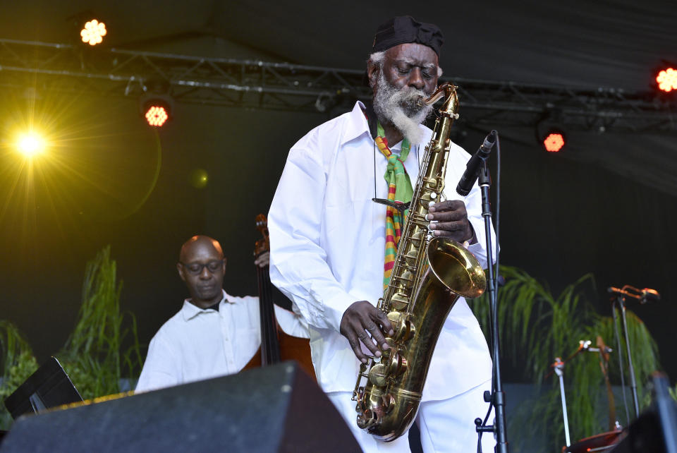 FILE - Saxophonist Pharoah Sanders performs on day 1 of the Arroyo Seco Music Festival on June 23, 2018, in Pasadena, Calif. Sanders, the influential tenor saxophonist revered in the jazz world for the spirituality of his work, has died, his record label announced Saturday, Sept. 24, 2022. He was 81. (Photo by Chris Pizzello/Invision/AP, File)