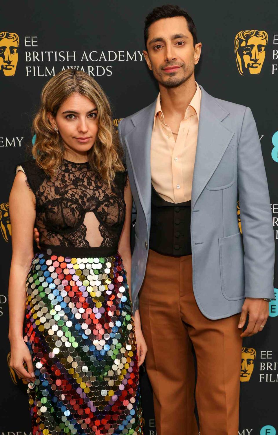 Fatima Farheen and Riz Ahmed attend the EE British Academy Film Awards 2022 dinner at The Grosvenor House Hotel on March 13, 2022 in London, England