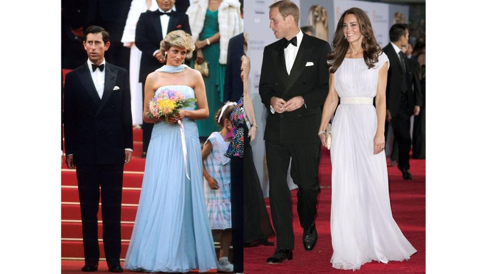 <p>Diana wears Catherine Walker to the Cannes Film Festival in 1987. Kate wears Marchesa to a BAFTA event in Los Angeles in 2011.</p>