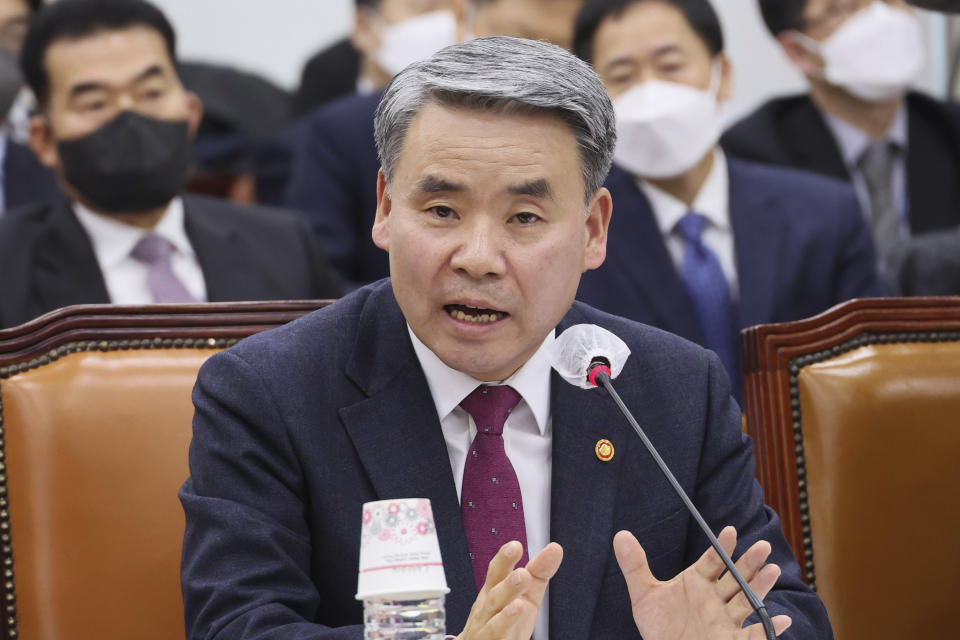 South Korean Defense Minister Lee Jong-Sup speaks during a plenary session of the National Assembly's defense committee in Seoul, South Korea, Friday, Feb. 17, 2023. South Korea’s top military official on Friday insisted the country’s soldiers didn’t commit any massacres during the Vietnam War and indicated the government will appeal a ruling that ordered compensation for a Vietnamese woman who lost several relatives to a shooting rampage blamed on South Korean marines in 1968. (Lee Jung-hoon/Yonhap via AP)