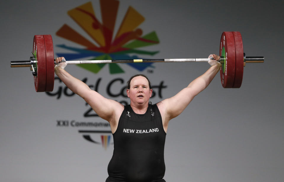 Laurel Hubbard of New Zealand competes. REUTERS/Paul Childs