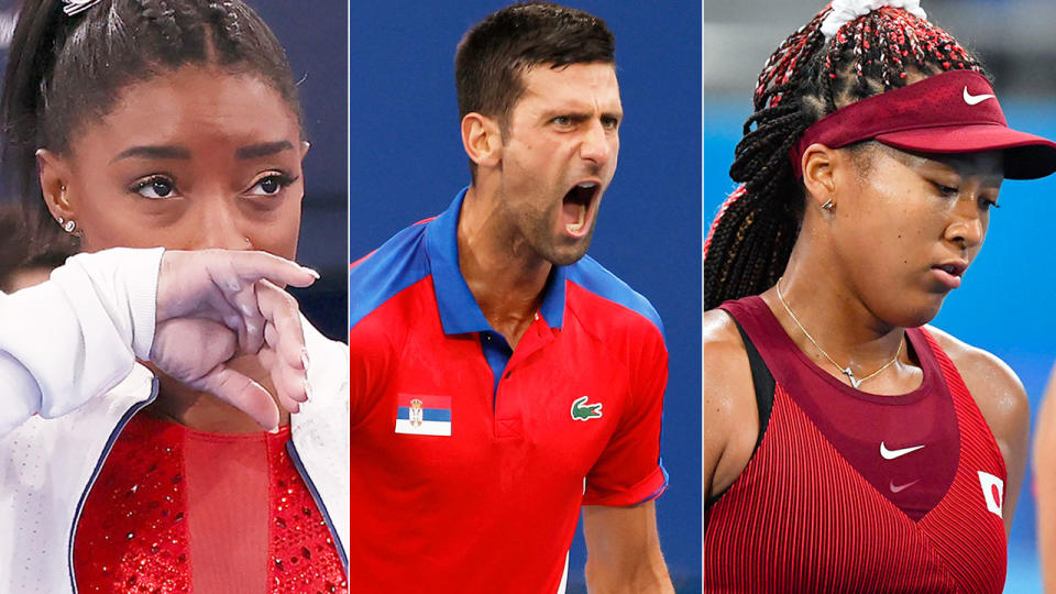 In this picture, Simone Biles, Novak Djokovic and Naomi Osaka are seen during the Olympics.