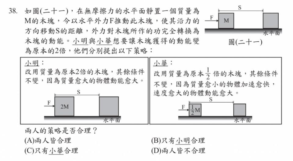 今年最難題是自然科第38題，該題以木塊的圖示測驗動能概念，僅25%考生答對。取自心測中心網頁