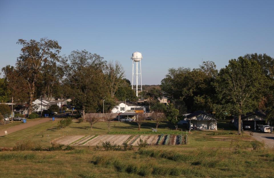 The water tower is the only structure taller than the levee in Mayersville.