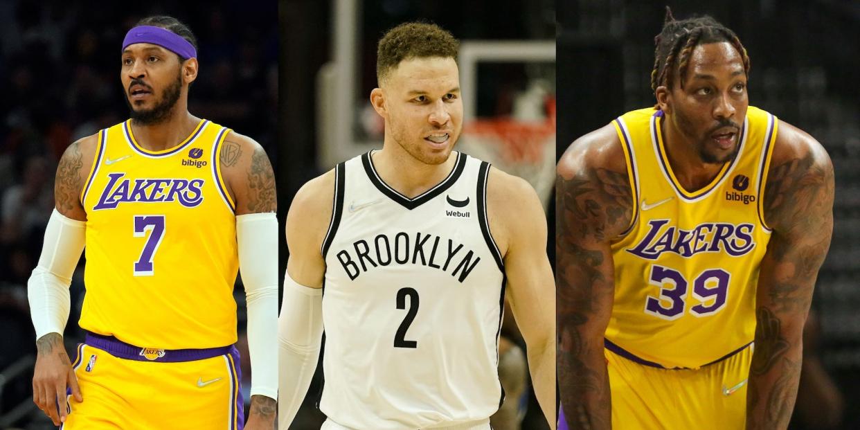 A side-by-side-by-side shows Carmelo Anthony, Blake Griffin, and Dwight Howard all looking on while standing on the court during games.