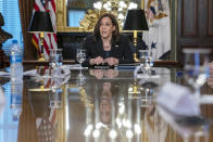 FILE - Vice President Kamala Harris speaks at the start of a meeting with bipartisan members of Congress about high-speed internet in the Vice President's Ceremonial Office at the Eisenhower Executive Office Building on the White House complex in Washington, May 26, 2021. (AP Photo/Carolyn Kaster, File)