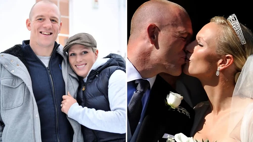  Zara and Mike Tindal pictured wearing matching outfits, and then on their wedding day. 