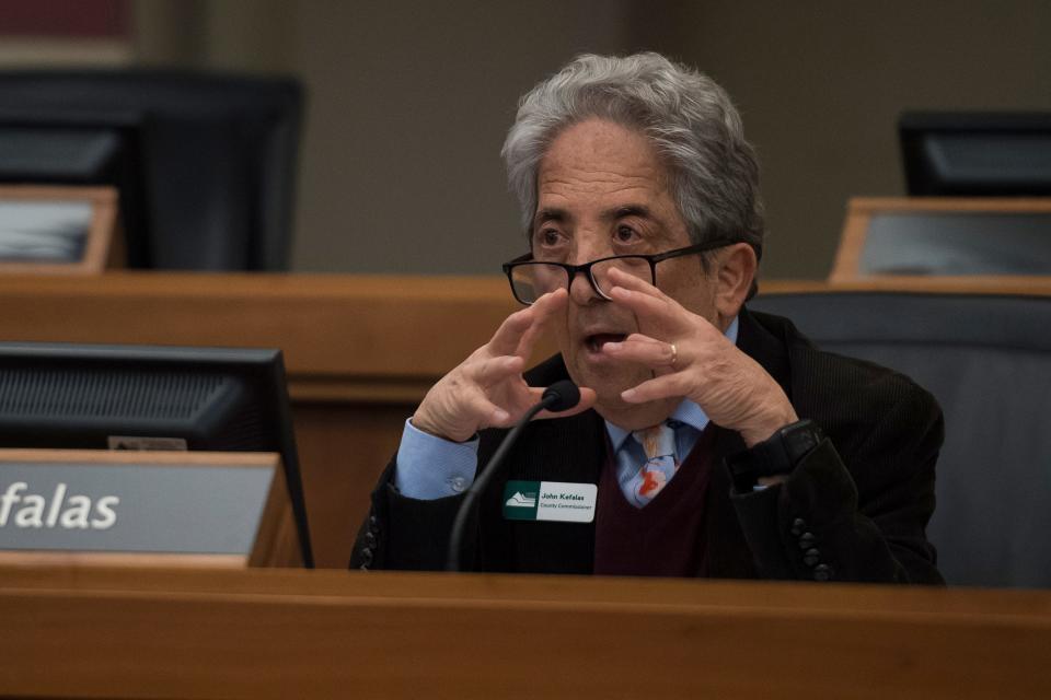 Larimer County District one commissioner John Kefalas asks Director of the Thornton Water Project Mark Koleber questions before the county commissioners ultimately voted against the current proposal for construction of the Thornton pipeline on Monday, Feb. 11, 2019, in Fort Collins, Colo. 