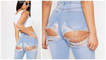 <p>Ripped Jeans werden im Englischen manchmal auch Distressed Jeans genannt. Distressed lässt sich auch mit betrübt oder leidend übersetzen und trifft deswegen bei diesem Design von Pretty Little Thing gleich doppelt zu. (Bild: Pretty Little Thing) </p>