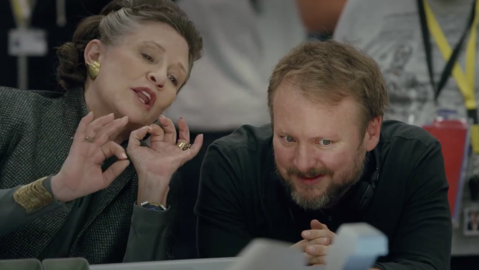 Carrie Fisher talks with director Rian Johnson on the set of ‘The Last Jedi’ (USA Today/Lucasfilm)