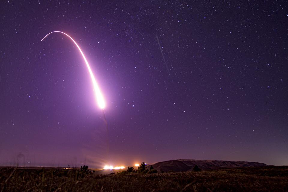 An unarmed Minuteman III intercontinental ballistic missile launching during an operational test on October 2, 2019, at Vandenberg Air Force Base, California. 