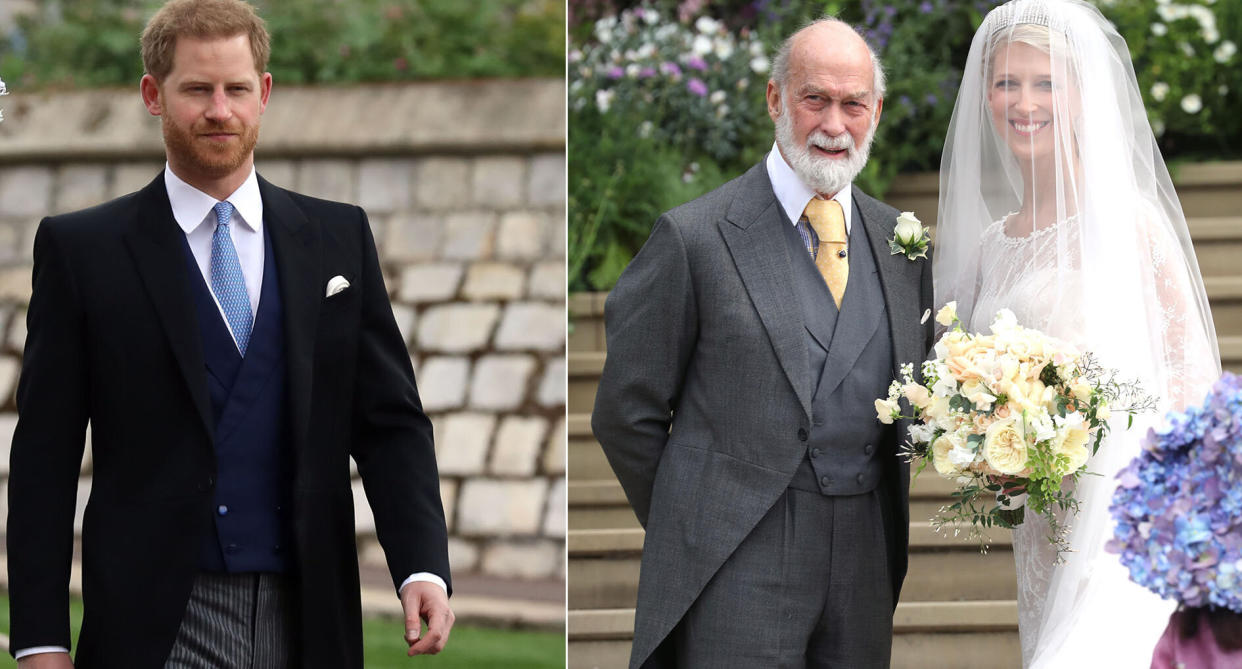 Harry arrives at Lady Gabriella Windsor's wedding and (right) the bride with her father Prince Michael of Kent [Photos: PA/Getty]