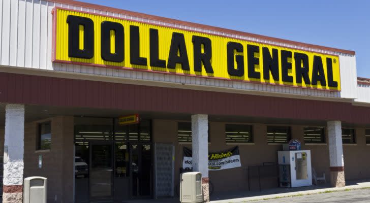 Dollar General (DG) store front with yellow store sign, midday