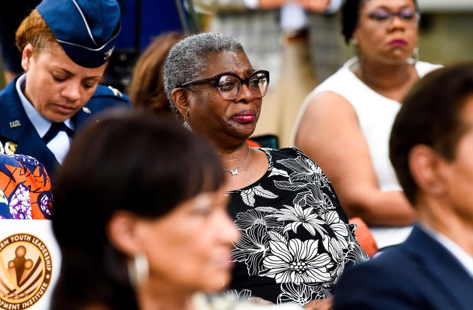 Wanda Battle looks on as a historic marker is dedicated at the Bricklayers Hall in Montgomery on June 5, 2021.
