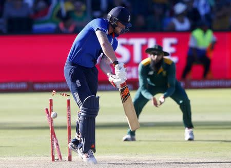 England's Ben Stokes is bowled during the second One Day International cricket match against South Africa in Port Elizabeth, February 6, 2016. REUTERS/Mike Hutchings