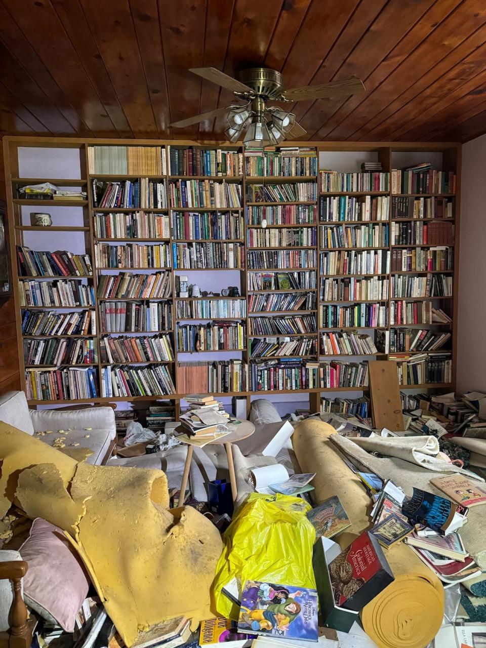 A stacked bookshelf in the background of a room covered in furniture, books, and other items.