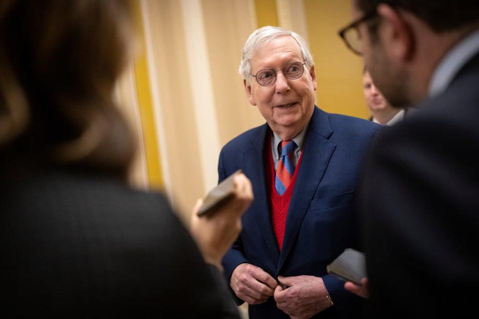 Senate Minority Leader Mitch McConnell, R-Ky., talks to reporters as he arrives at the U.S. Capitol on December 22, 2022 in Washington, DC.