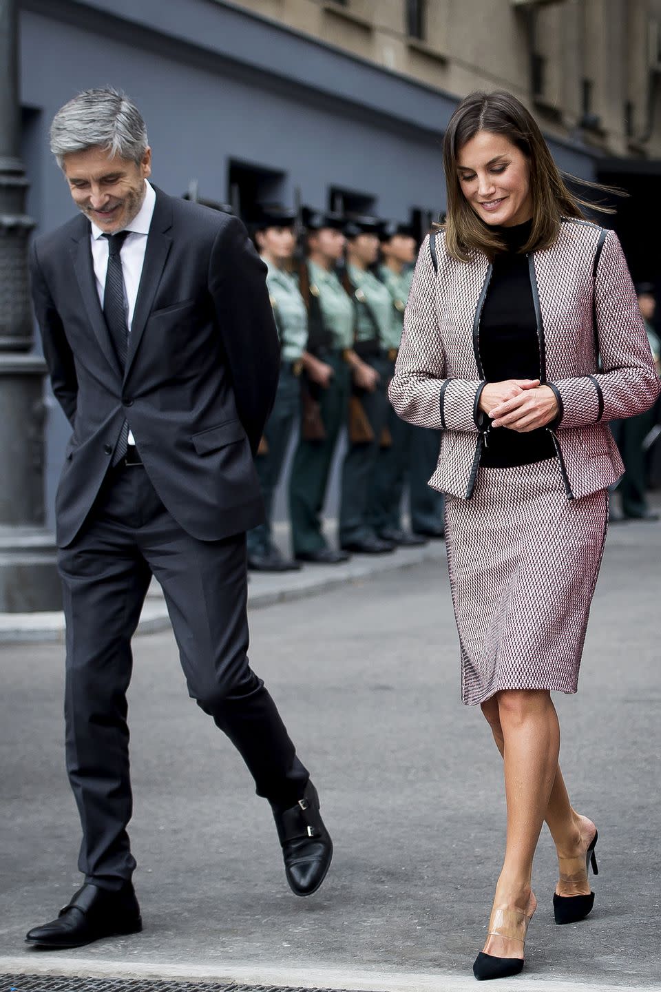 <p><strong>Who:</strong> Queen Letizia</p><p><strong>Affordable Fashion Find: Steve Madden</strong> 'Plaza' heels, $121, <a rel="nofollow noopener" href="https://www.yoox.com/us/11466978XS/item#dept=women&sts=sr_women80&cod10=11466978XS&sizeId=&sizeName=" target="_blank" data-ylk="slk:yoox.com;elm:context_link;itc:0;sec:content-canvas" class="link ">yoox.com</a>.</p><p><a rel="nofollow noopener" href="https://www.yoox.com/us/11466978XS/item#dept=women&sts=sr_women80&cod10=11466978XS&sizeId=&sizeName=" target="_blank" data-ylk="slk:SHOP NOW;elm:context_link;itc:0;sec:content-canvas" class="link ">SHOP NOW</a></p><p><strong>Why We Love It:</strong> Proving that not even royals can resist a good fashion deal, Queen Letizia of Spain accessorized her skirt suit with a pair of Steve Madden pumps featuring an on-trend PVC strap. </p>