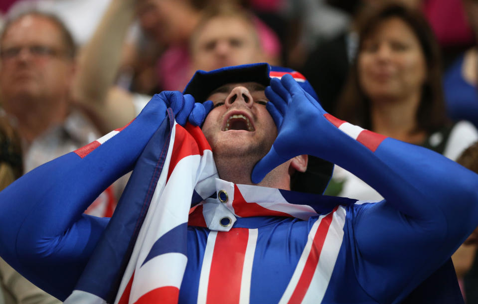 A Great Britain fan shows his support during the Women's Handball preliminaries Group A - Match 5 between Montenegro and Great Britain on Day 1 of the London 2012 Olympic Games at the Copper Box on July 28, 2012 in London, England. (Getty Images)