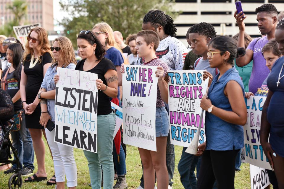 Supporters of the local transgender community rally Wednesday evening, June 27, 2018 at the Duval County Courthouse in Jacksonville, Florida.