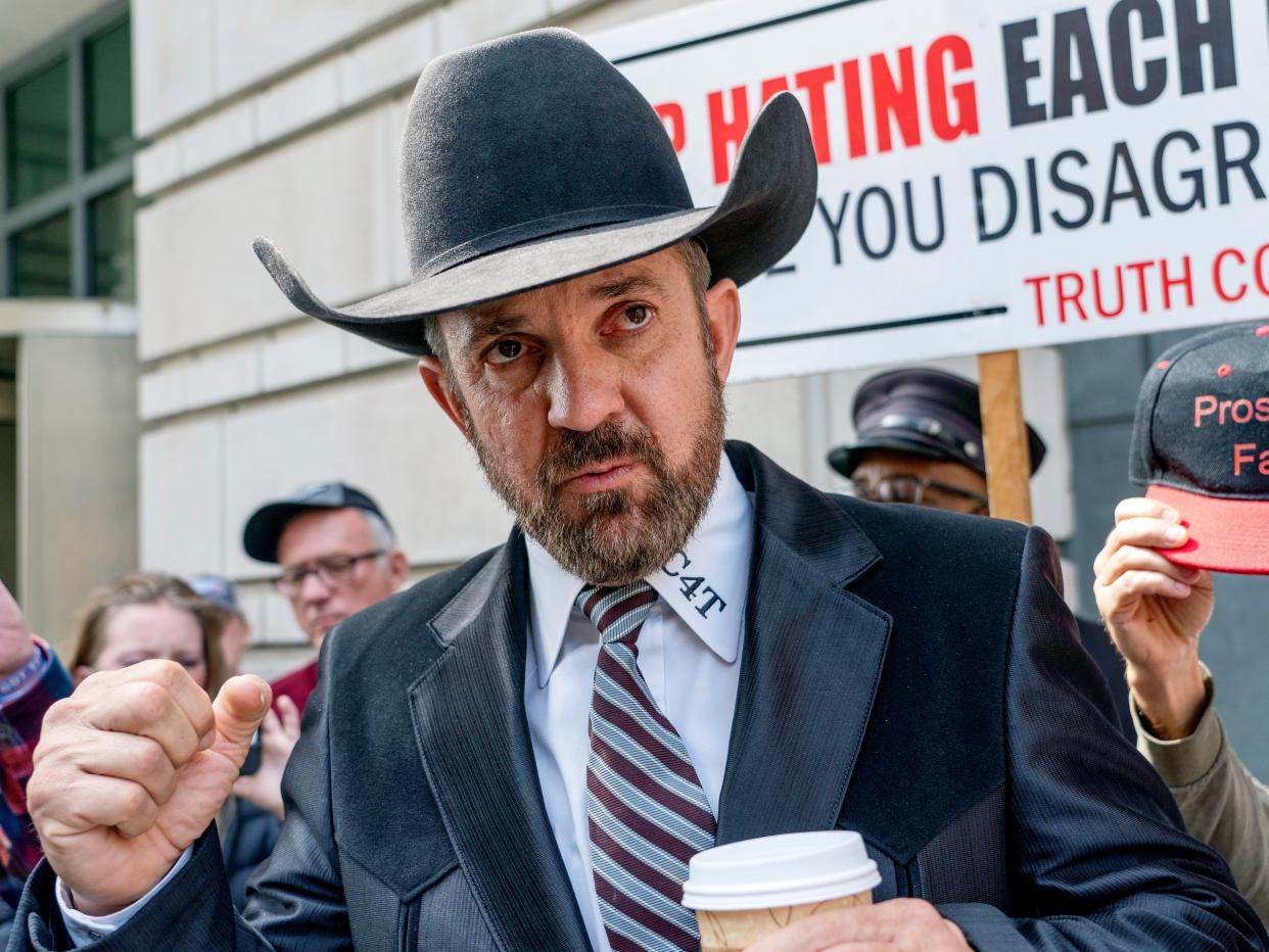 Otero County, N.M., Commissioner Couy Griffin stands outside the federal court after receiving a verdict in his trial on March 22, 2022 in Washington.