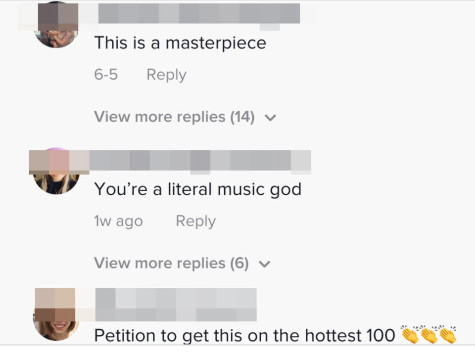 Multiple commenters praising the song, including one saying "This is a masterpiece" and another saying "You're a literal music god"
