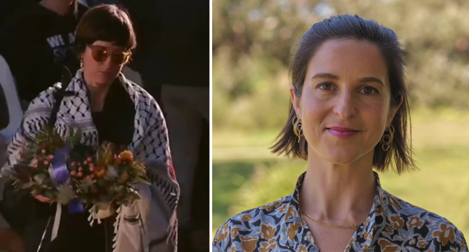 Rafaela Pandolfini carries flowers while wearing the keffiyeh around her shoulders (left). A headshot of the councillor smiling at the camera (right). 