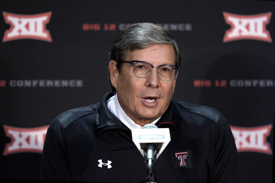 Texas Tech coach Mark Adams speaks to the media during Big 12 NCAA college basketball media day Wednesday, Oct. 20, 2021, in Kansas City, Mo. (AP Photo/Charlie Riedel)