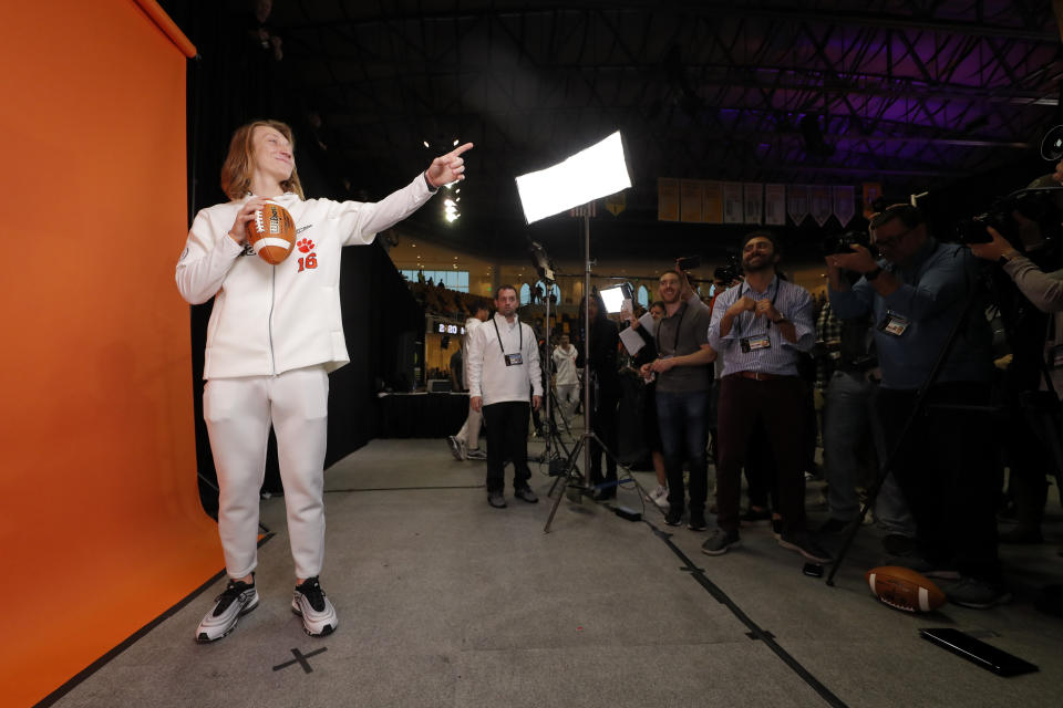 Clemson quarterback Trevor Lawrence poses during media day for NCAA College Football Playoff national championship game Saturday, Jan. 11, 2020, in New Orleans. Clemson is scheduled to play LSU on Monday. (AP Photo/Gerald Herbert).