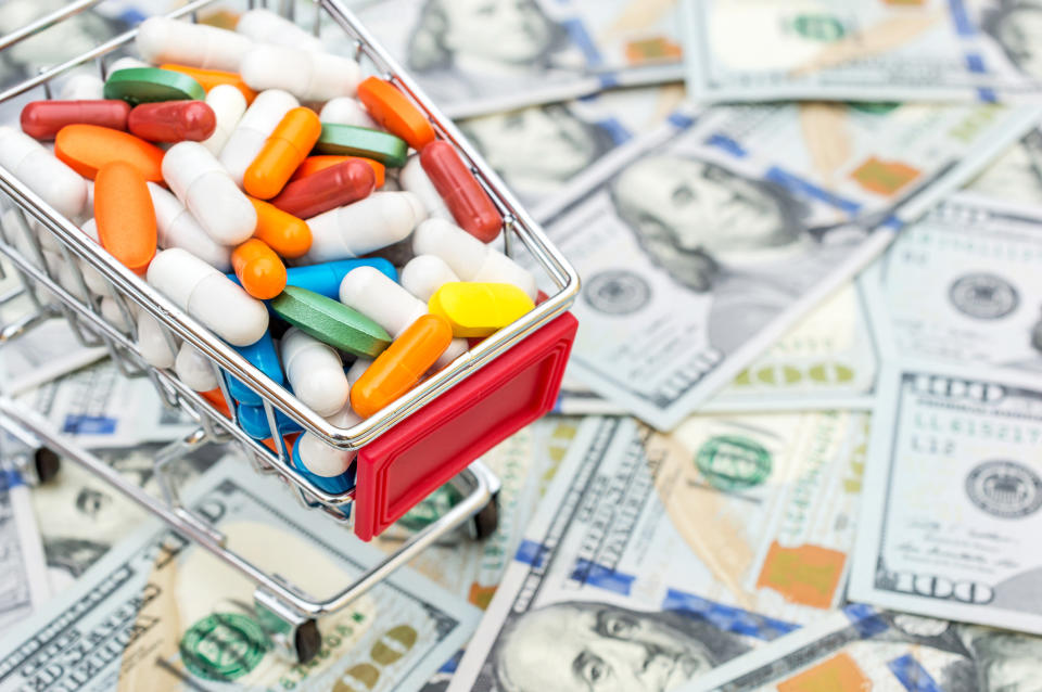 Miniature shopping cart full of pills on a lot of money.