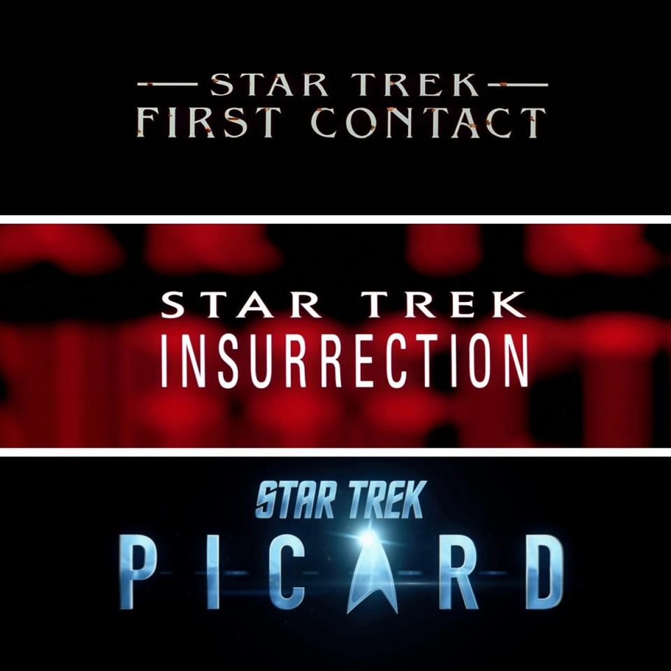 The title cards for Star Trek: First Contact, Star Trek: Insurrection, and Star Trek: Picard. 