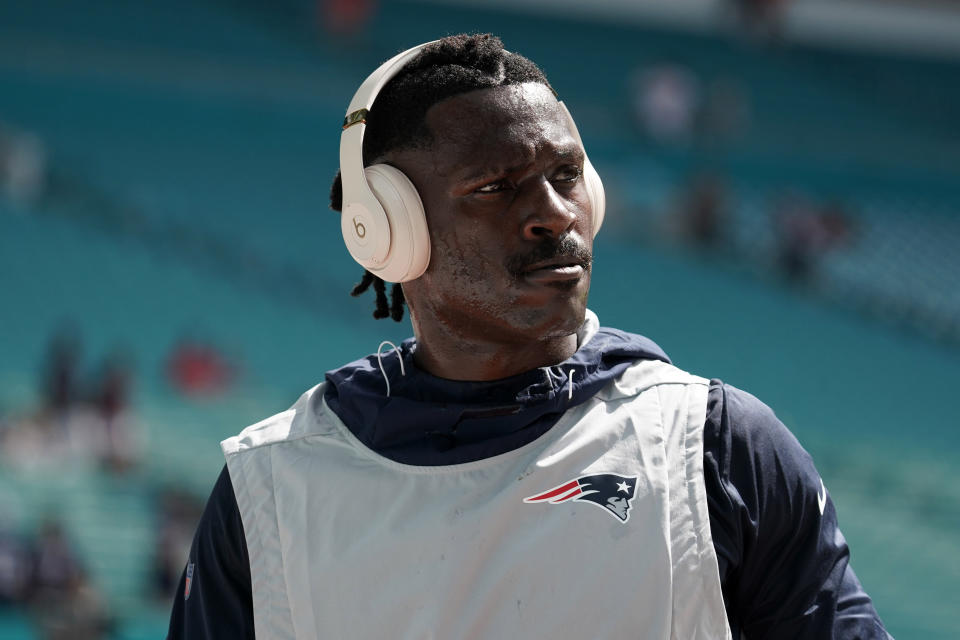 Sep 15, 2019; Miami Gardens, FL, USA; New England Patriots wide receiver Antonio Brown before the game against the Miami Dolphins at Hard Rock Stadium. Mandatory Credit: Kirby Lee-USA TODAY Sports