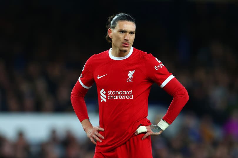 Darwin Nunez of Liverpool reacts during the Premier League match between Everton FC and Liverpool FC at Goodison Park on April 24, 2024 in Liverpool, England