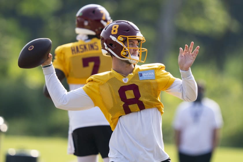 Washington quarterback Kyle Allen (8) throws during practice at the team's NFL football training facility, Tuesday, Aug. 25, 2020, in Ashburn, Va. (AP Photo/Alex Brandon)